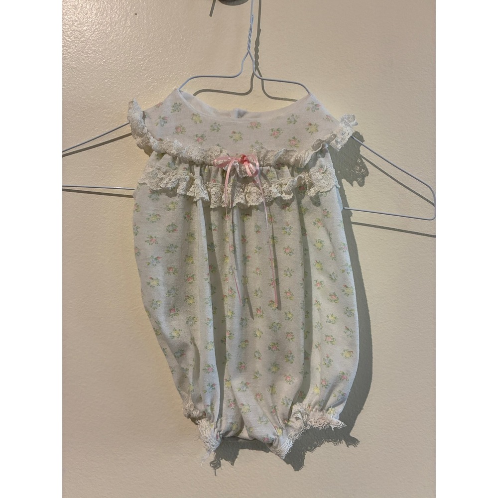 Vintage Baby Girls Floral Lace Trim Romper Sleeveless White Pink Bow Newborn